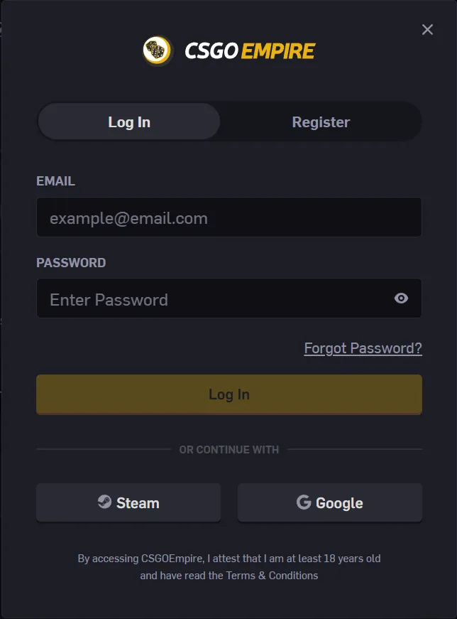 CSGOEmpire: Log in window