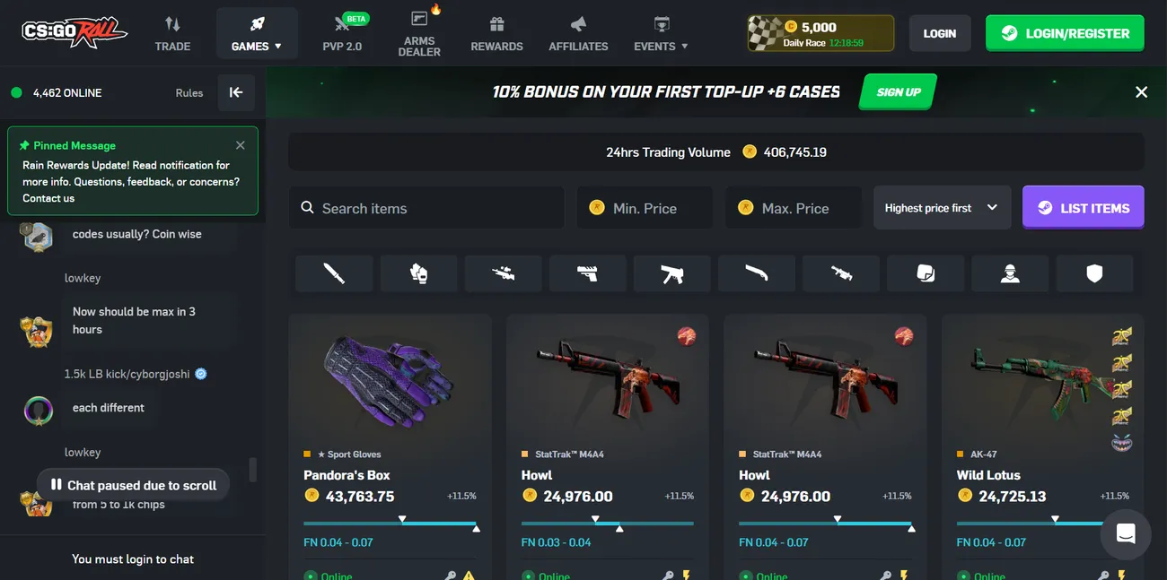 CSGORoll: Banner, item grid, live chat