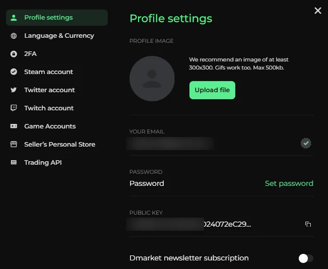 DMarket: Profile settings