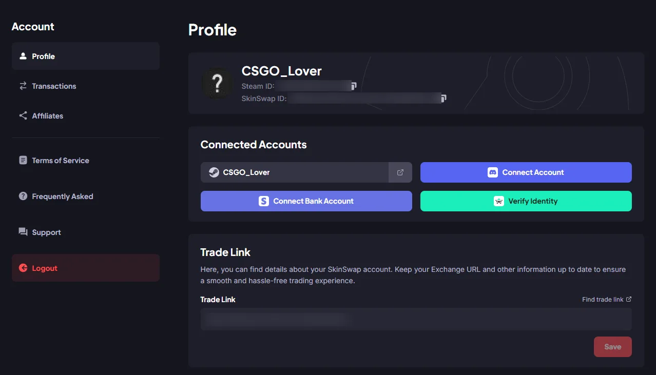 SkinSwap: Account profile