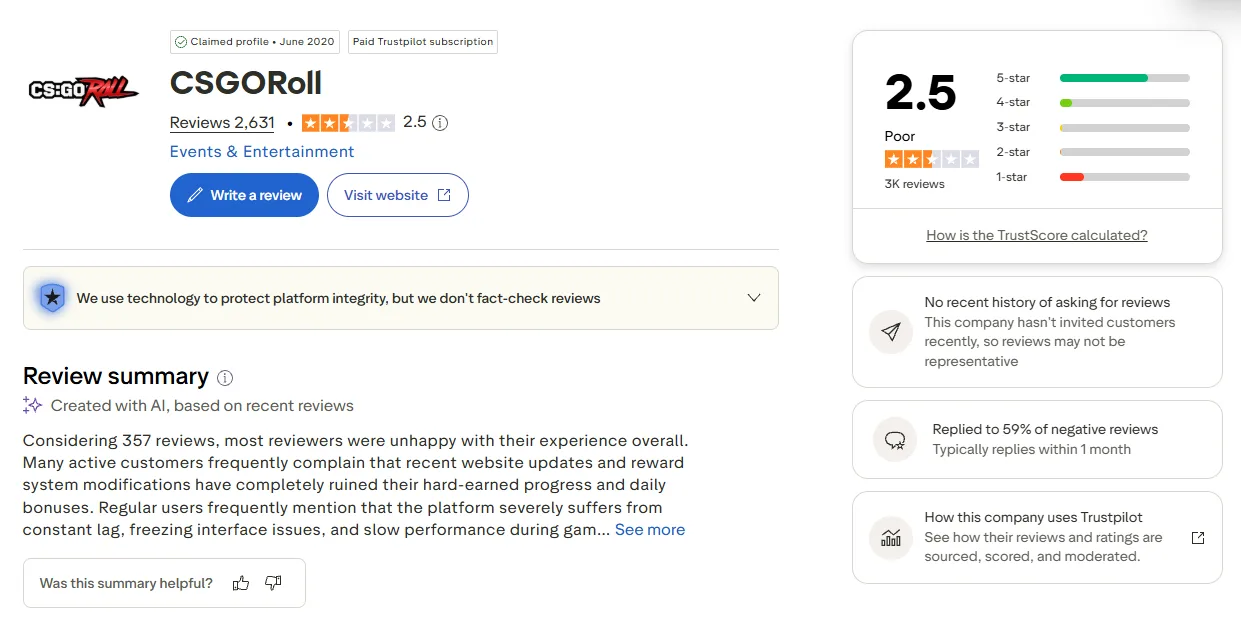 CSGORoll: Trustpilot profile