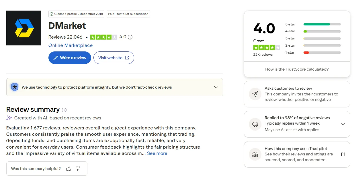 DMarket: Trustpilot profile