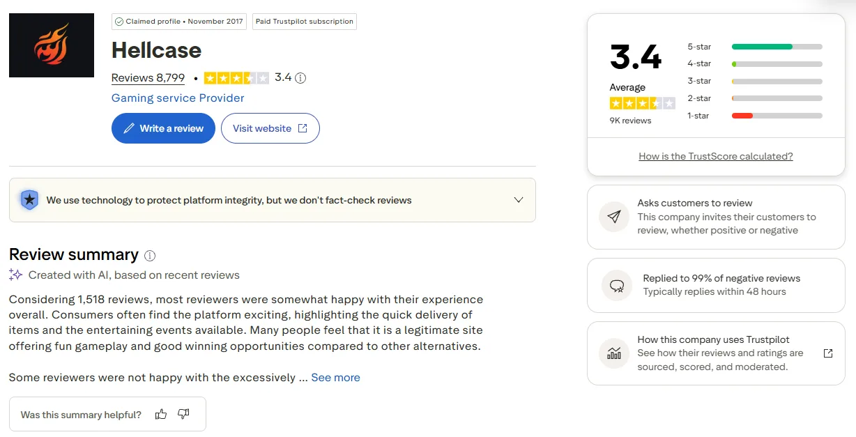 Hellcase: Trustpilot profile