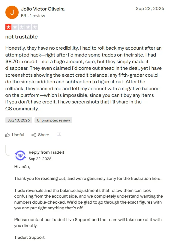 Tradeit: 1-star review