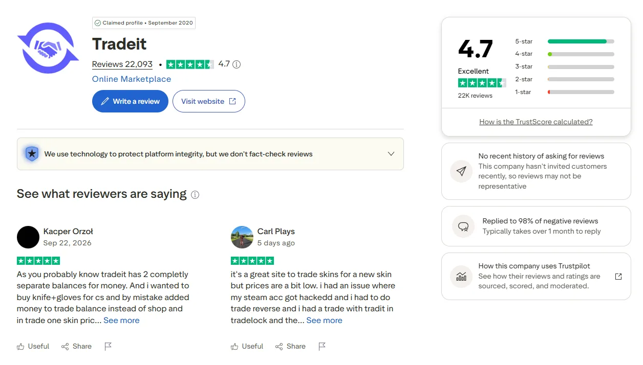 Tradeit: Trustpilot profile